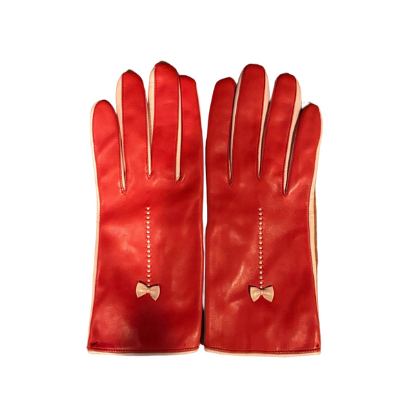 Elegant Dainty Red/Pink Leather Gloves with Bow Detail - Picture 2 of 4